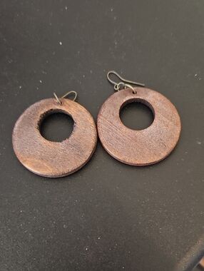 Wooden Circle Hoop Drop Earrings — Brown
